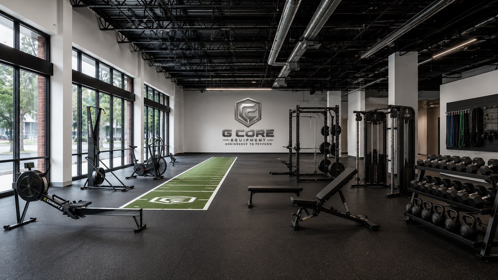 After render of G-Core commercial gym fitout with varied equipment
