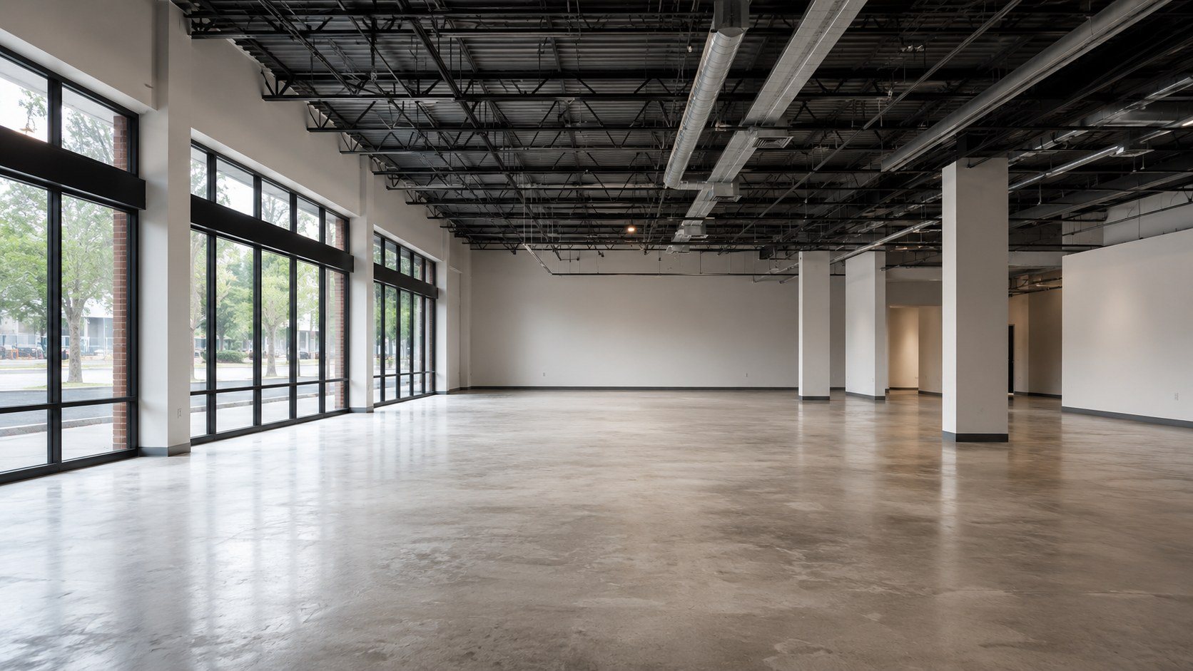 premium rendered empty commercial shell before gym installation