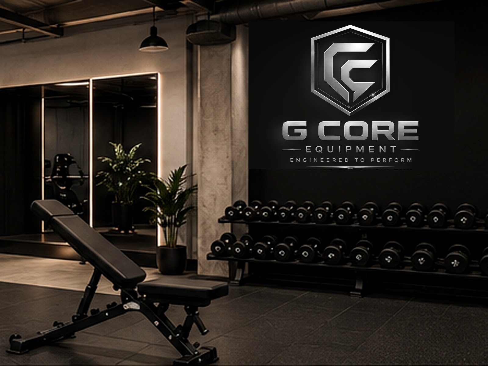 Premium realistic G-Core strength gym planning scene with black chrome equipment