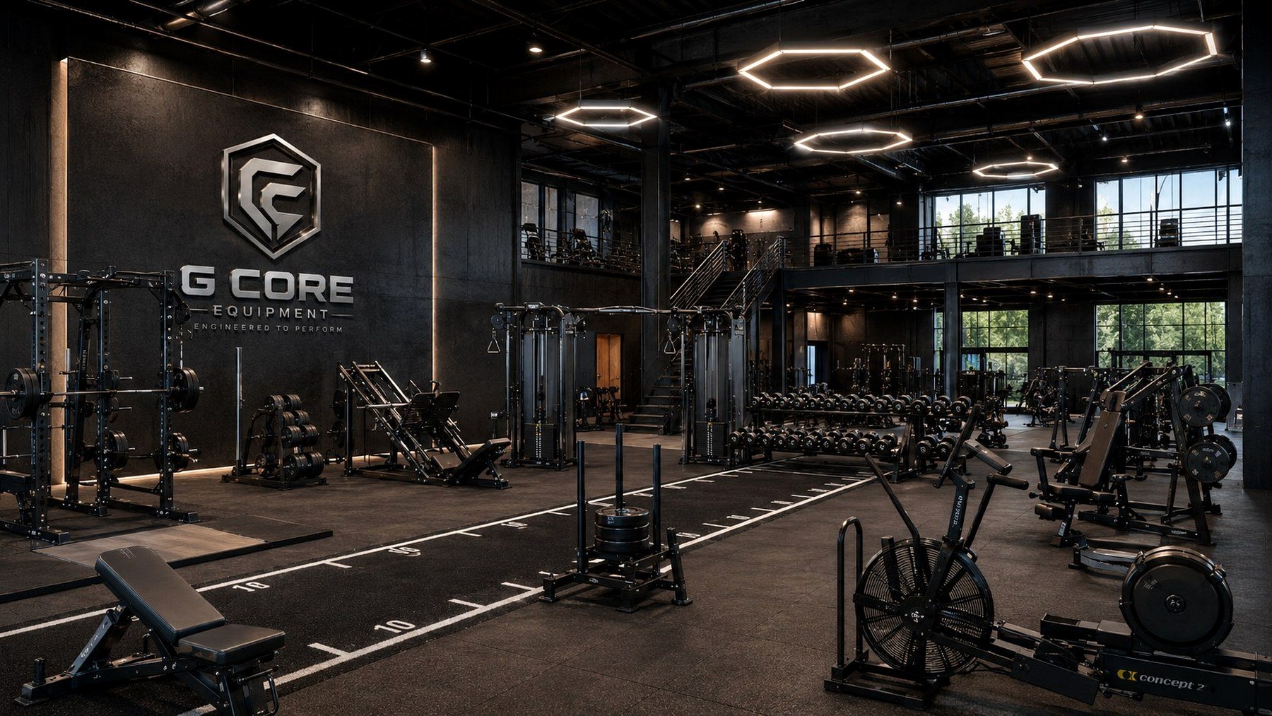 Premium commercial gym interior with turf lane and strength equipment