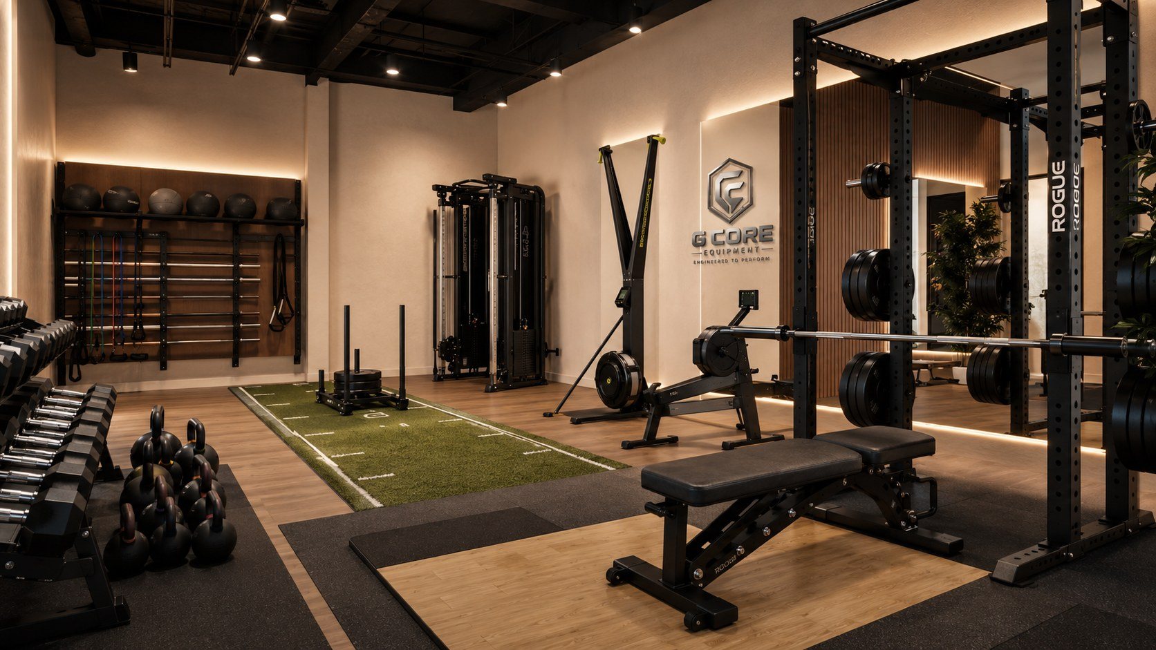 Boutique training studio with sled lane, rack, cable trainer, rower and dumbbells