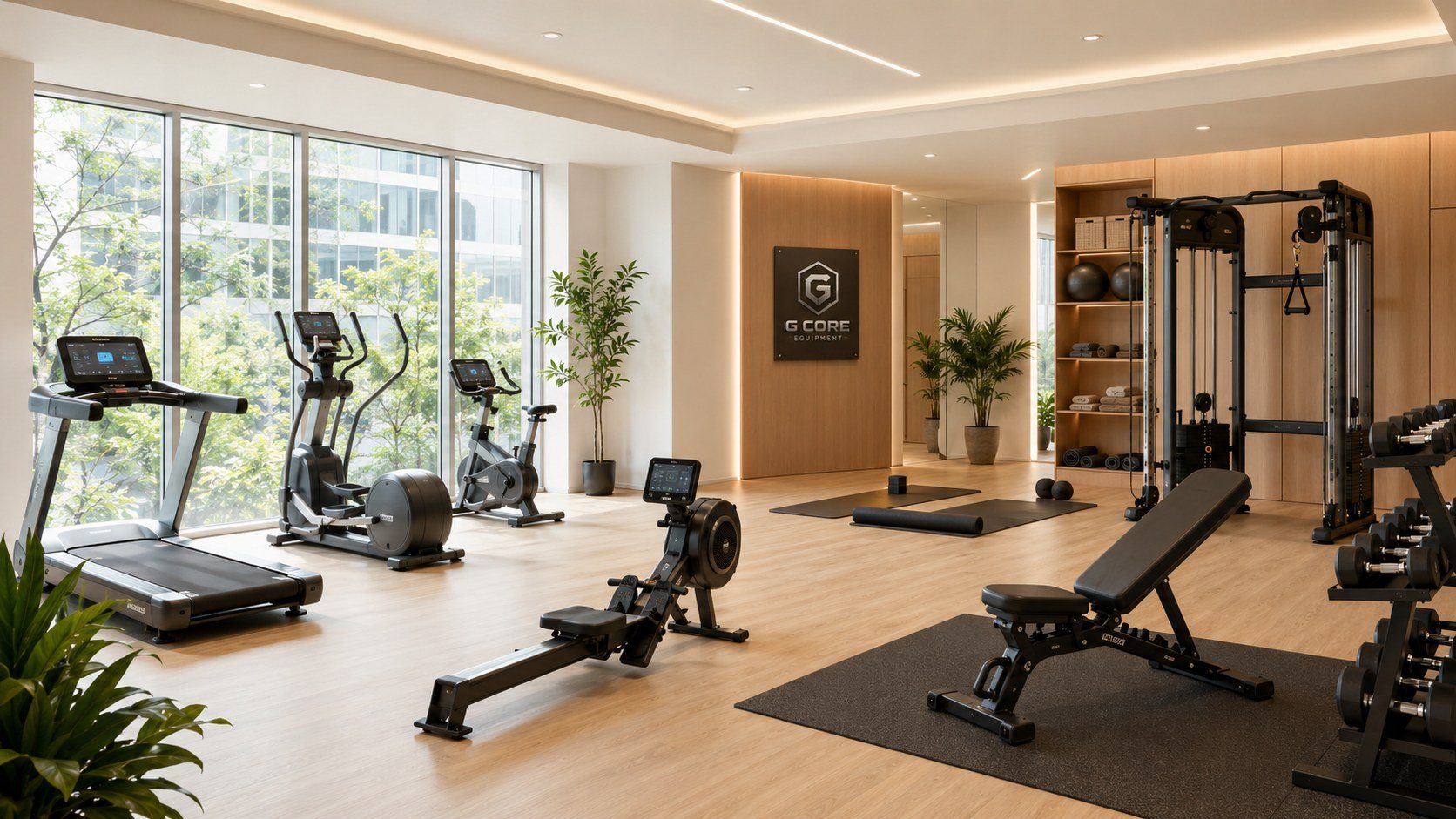 Corporate wellness suite with treadmill, rower, cable and strength equipment