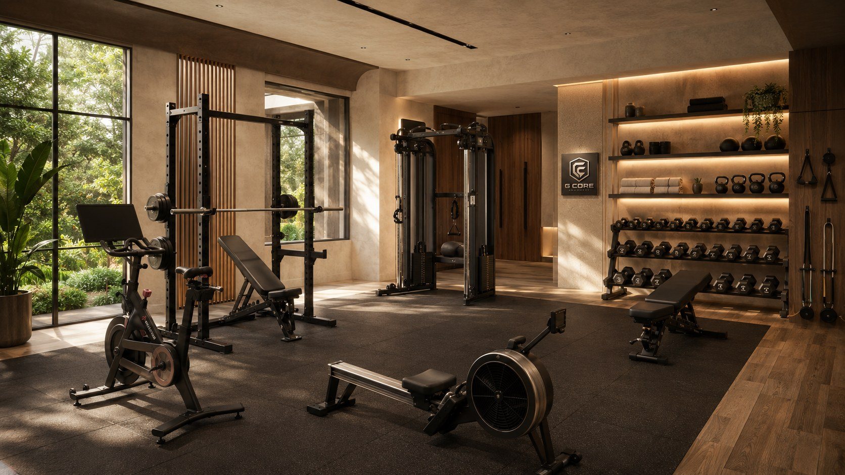 Luxury residence gym with rack, cable station, cardio and storage